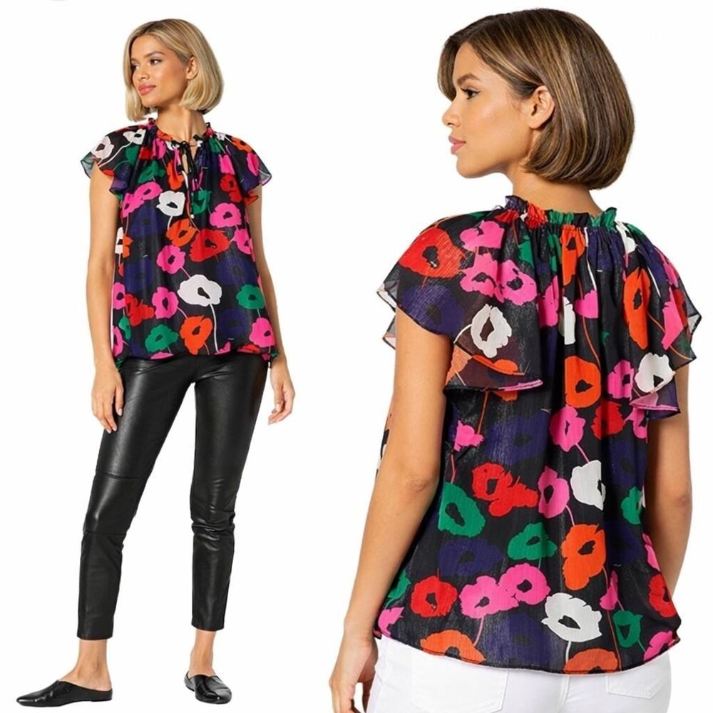 MILLY Women's Floral Top‎ Blouse MEDIUM Sheer Tie Neck Short Sleeve Multicolor